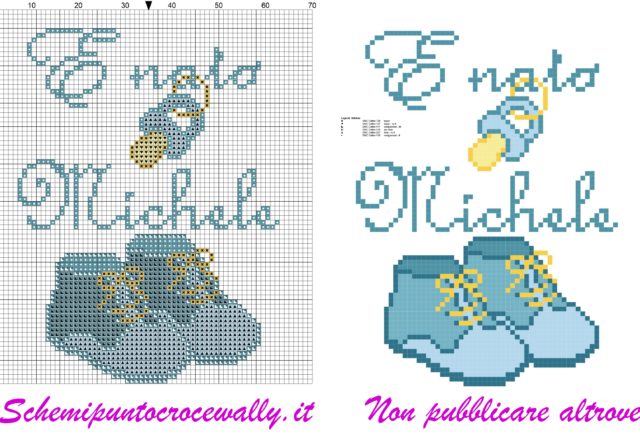 michele è anto con ciuccio e scarpine schema punto croce