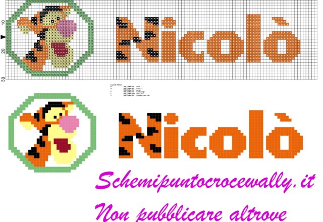 nicolò nome con tigro amico di winnie the pooh schema punto croce