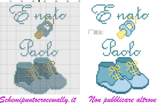 paolo è nato con ciuccio e scarpine schema punto croce
