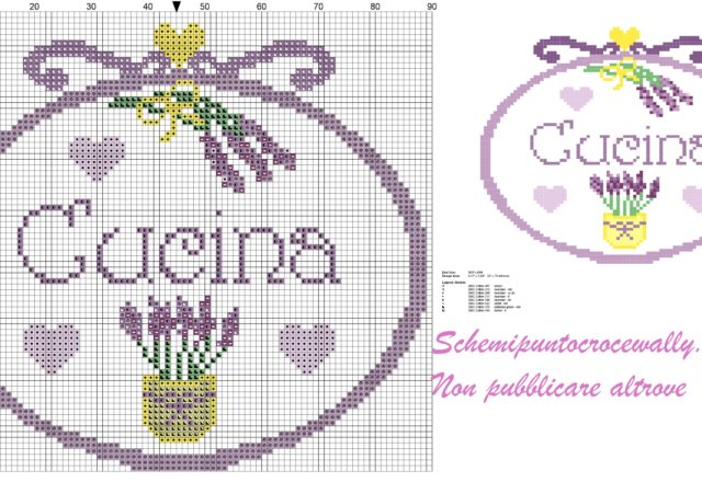 quadretto cucina con vaso e mazzolino di lavanda schema punto croce