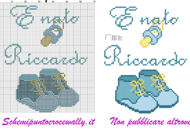 riccardo è nato con ciuccio e scarpine schema punto croce