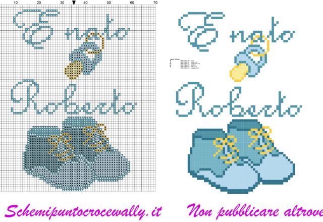 roberto è nato con ciuccio e scarpine schema punto croce