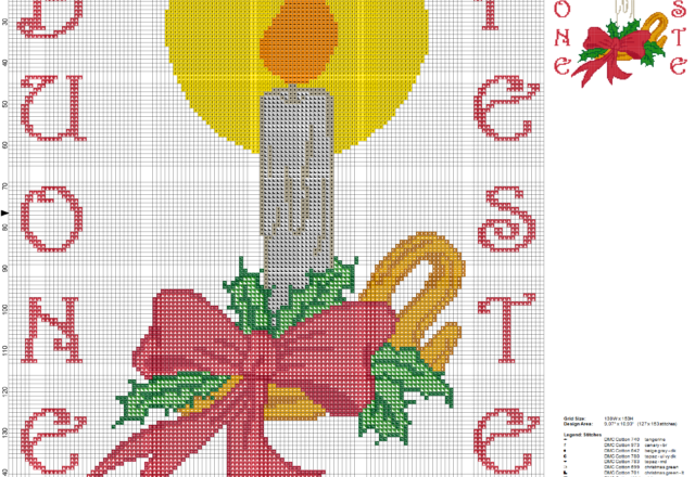 schema punto croce candela con fiocco e scritta buone feste