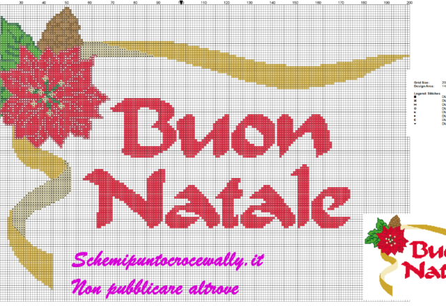 schema punto croce con stella di natale e pigna e scritta di buon natale