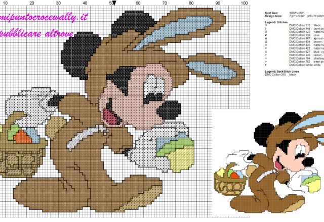 schema punto croce gratis per bambini Topolino con uova di pasqua