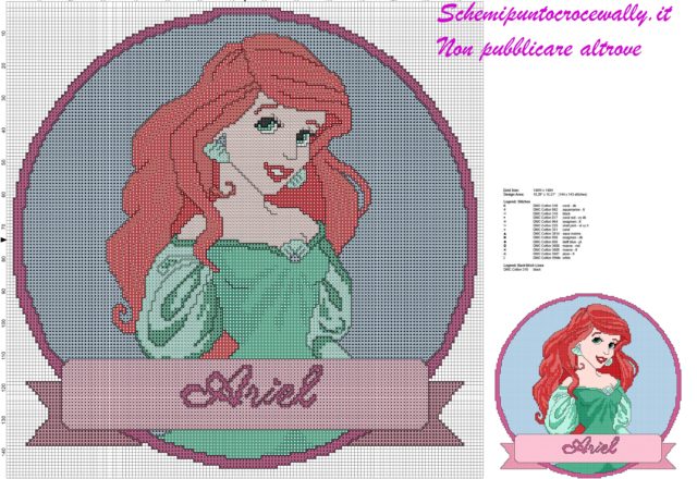 schema punto croce gratis per cuscino principessa disney ariel