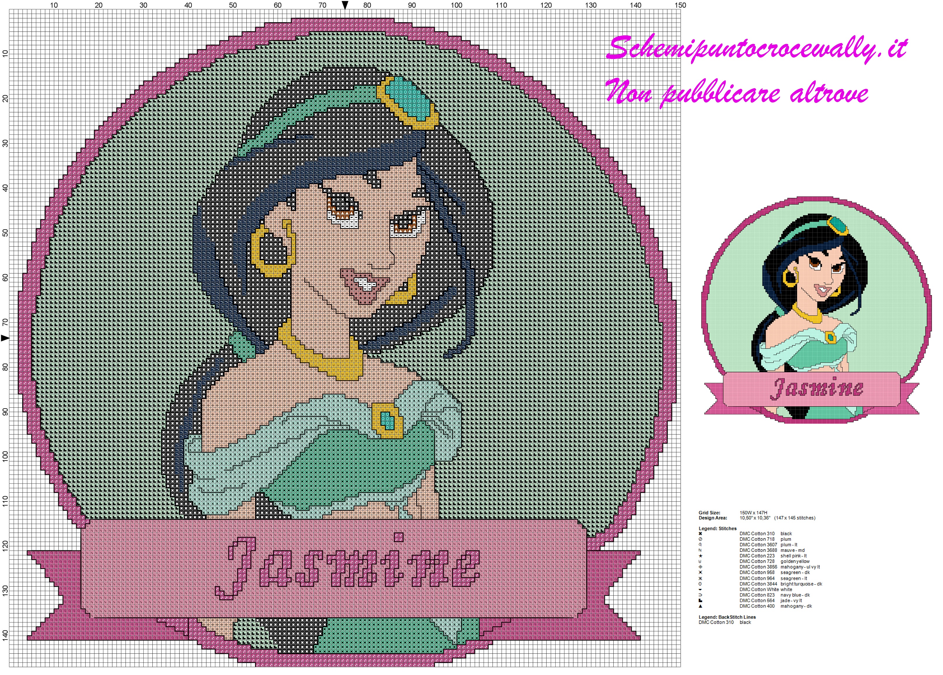 schema punto croce jasmine principesse disney per cuscino
