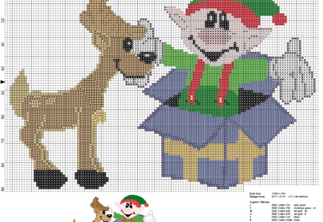 schema punto croce natalizio con renna ed elfo che esce dal pacco regalo