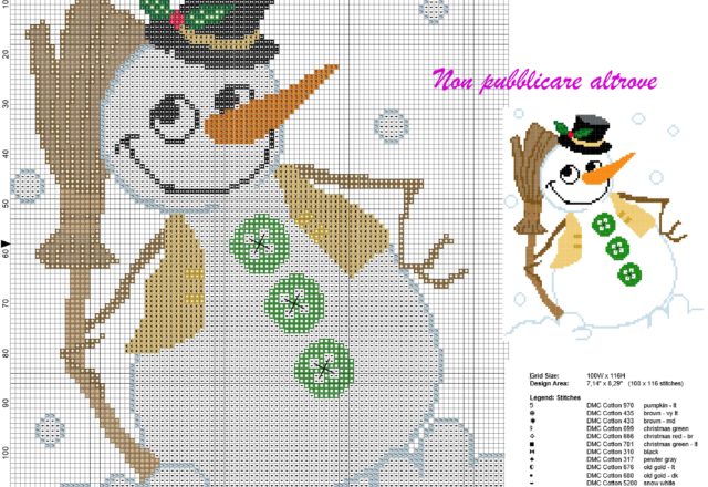 schema punto croce natalizio con simpatico pupazzo di neve