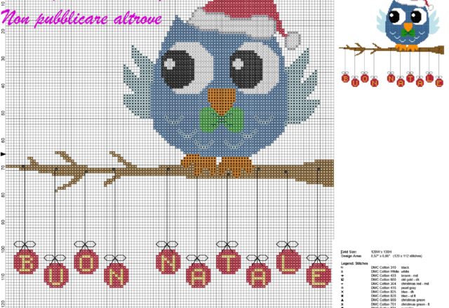 schema punto croce natalizio gufo con papillon e scritta buon natale