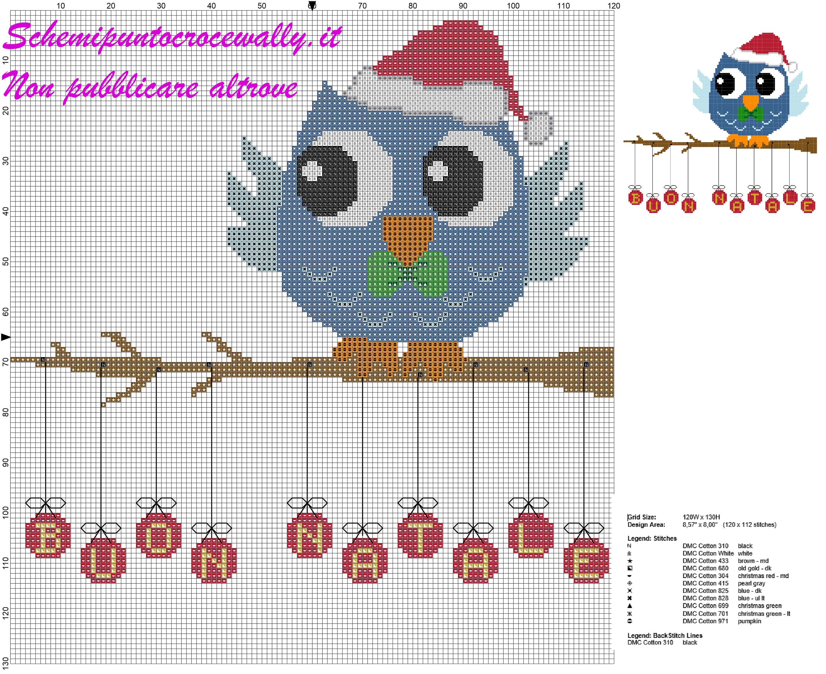 schema punto croce natalizio gufo con papillon e scritta buon natale