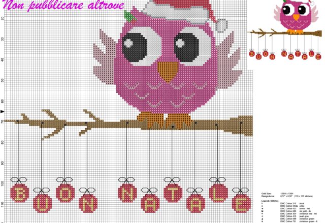 schema punto croce natalizio gufo con pungitopo e scritta buon natale