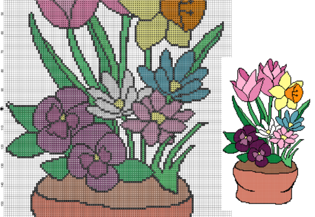 schema punto croce vaso con fiori colorati